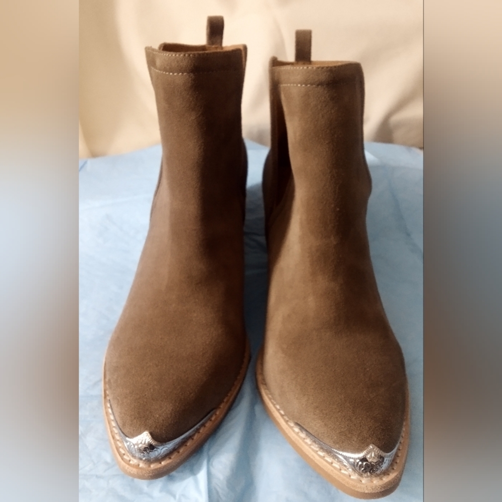Jeffrey Campbell Brown Suede Pointed Toe Ankle Booties with Silver Toe Caps
